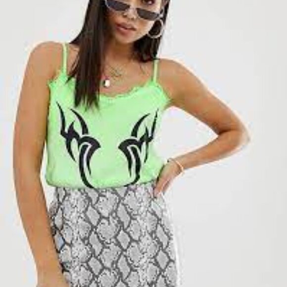 New Girl Order green cami top with lace trim and tattoo print in neon Medium - Picture 3 of 10